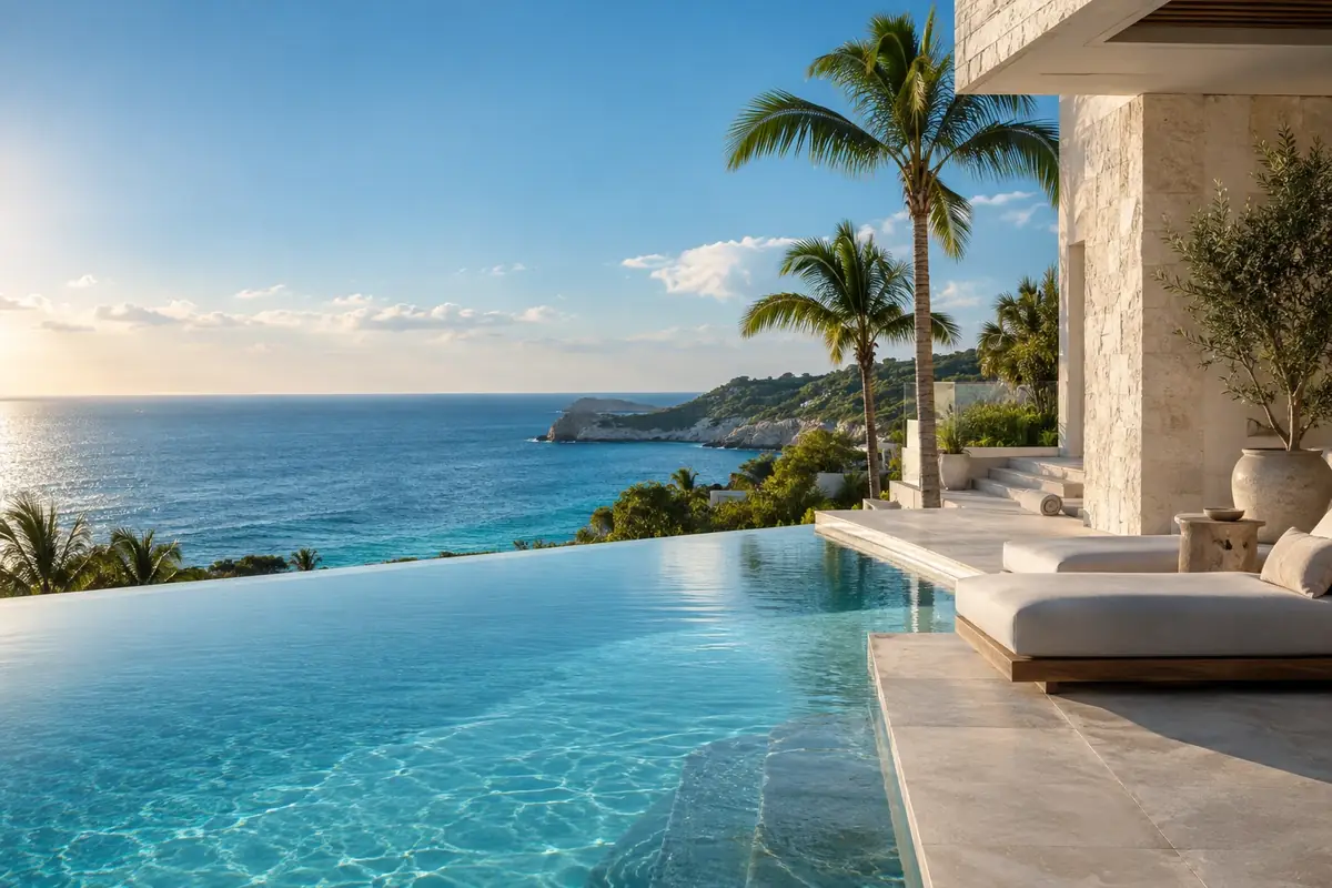 A serene coastal hotel terrace with an infinity pool and ocean view
