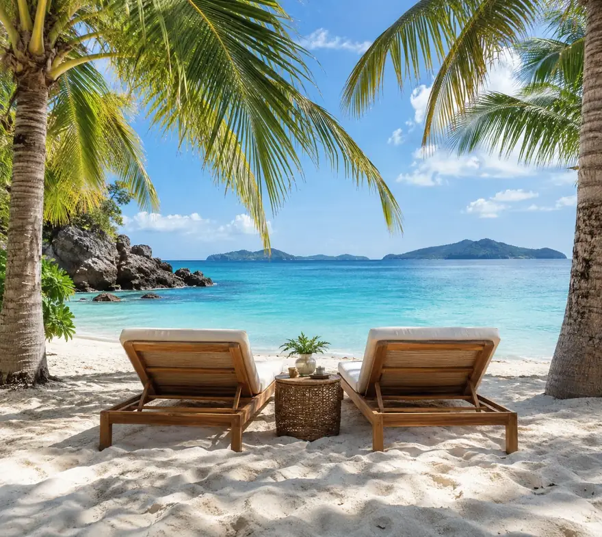 Sun loungers beneath palms beside a turquoise sea
